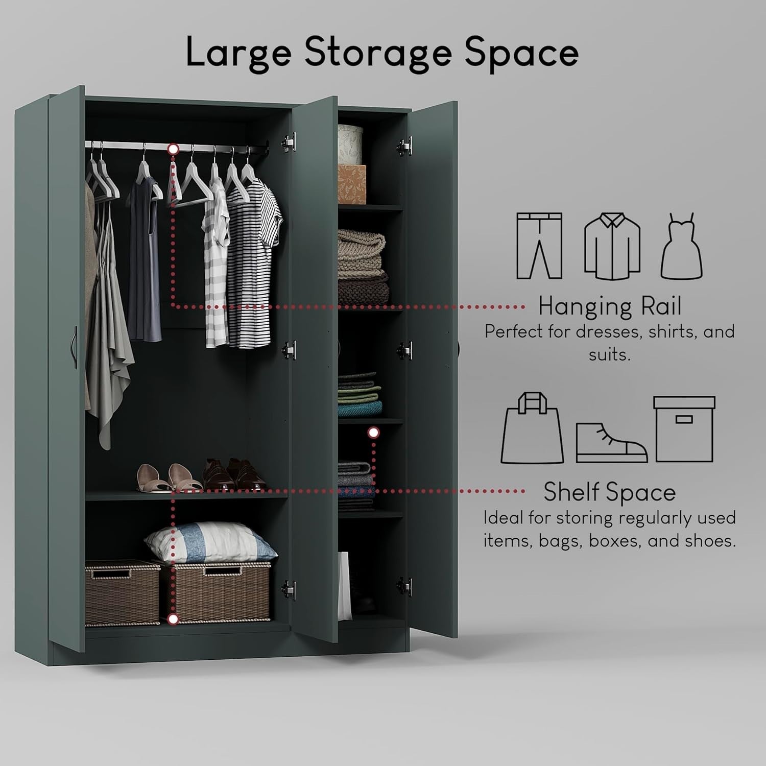 3 Door Wardrobe with Hanging Rail, Adjustable Shelf & Top Storage Shelf