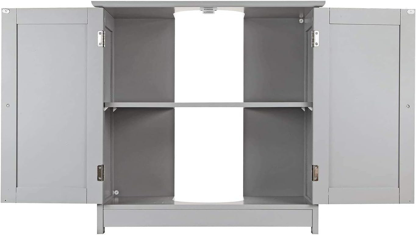 Grey Wooden Under Sink Bathroom Cabinet with Double Doors & Storage Shelf