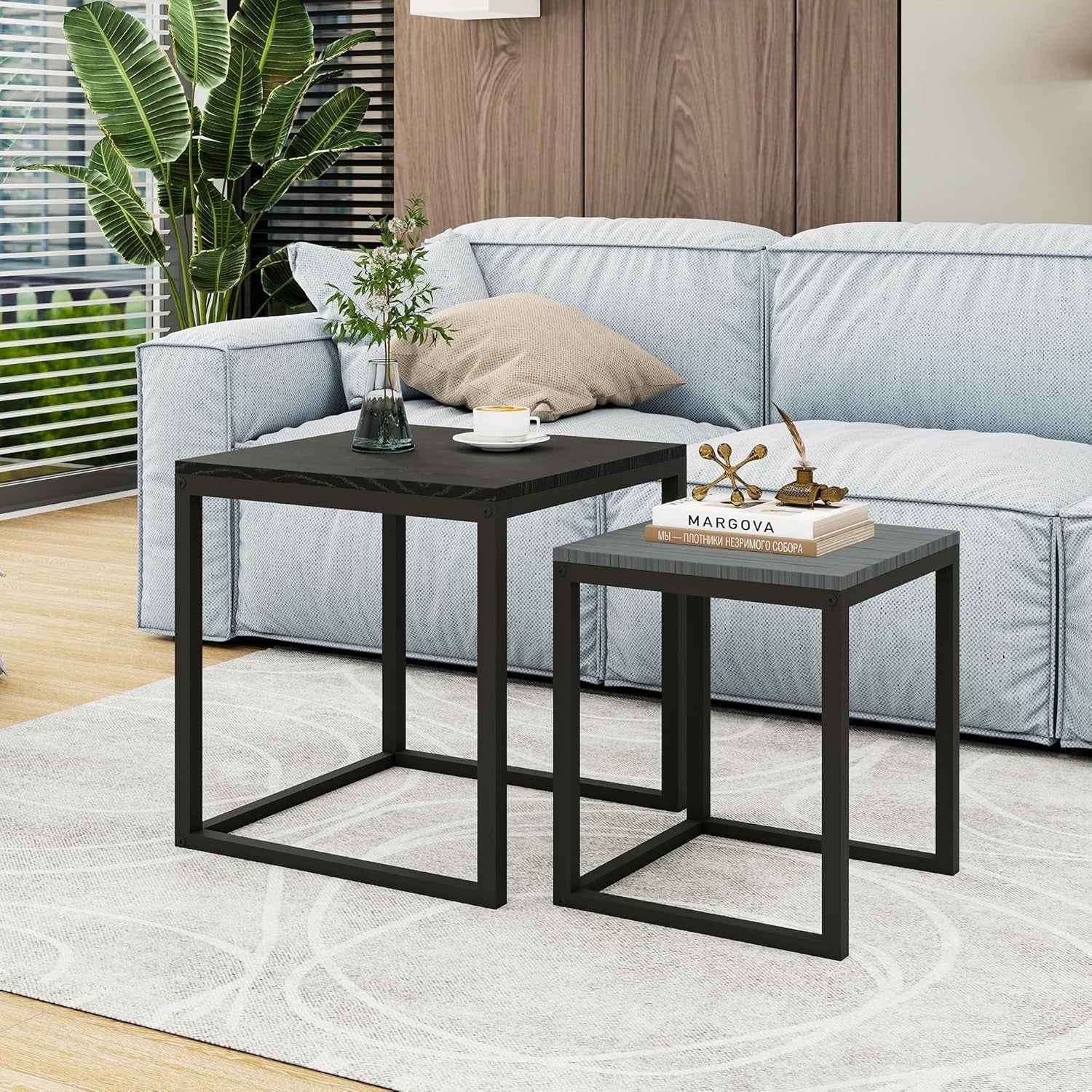 Nesting Coffee Table Set Black Grey Metal Wood Modern Living Room End Side