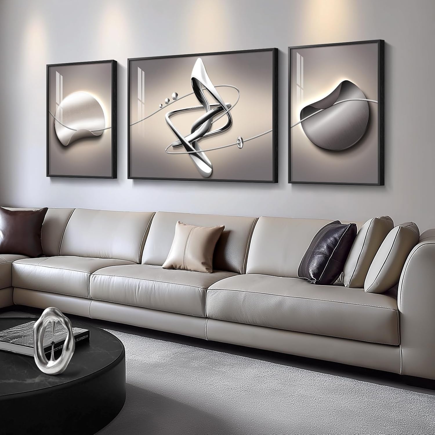 Extra Large Abstract Wall Art Set 3 Piece Framed Modern Black Grey Decor
