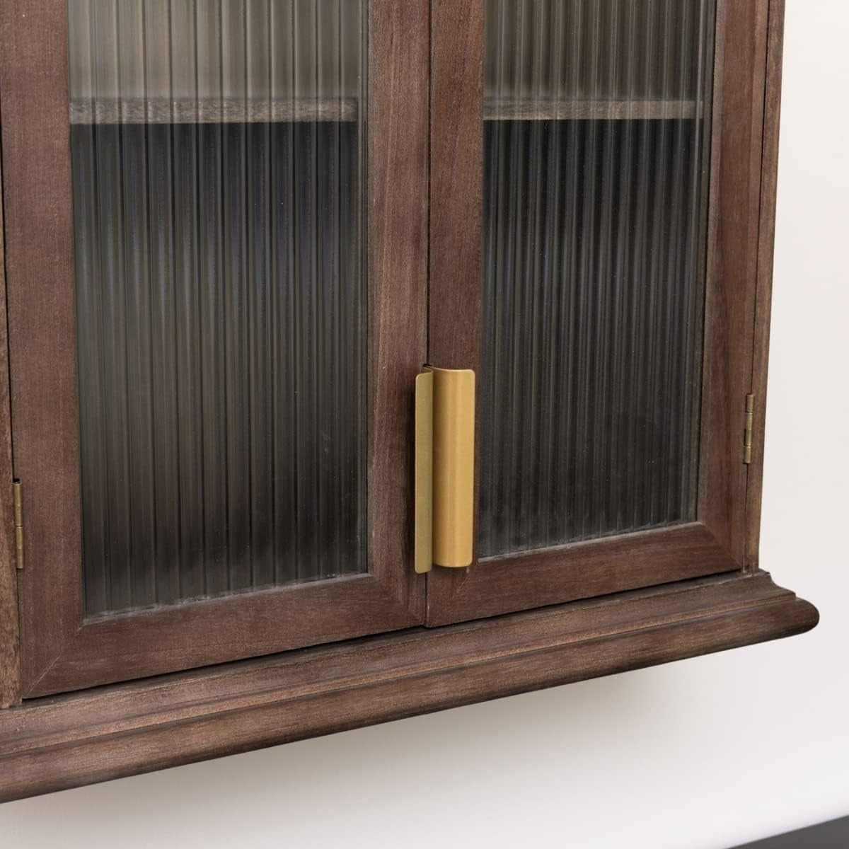 Rustic Wooden Glass Wall Cabinet with Reeded Doors & Gold Handles - 50x61x19cm