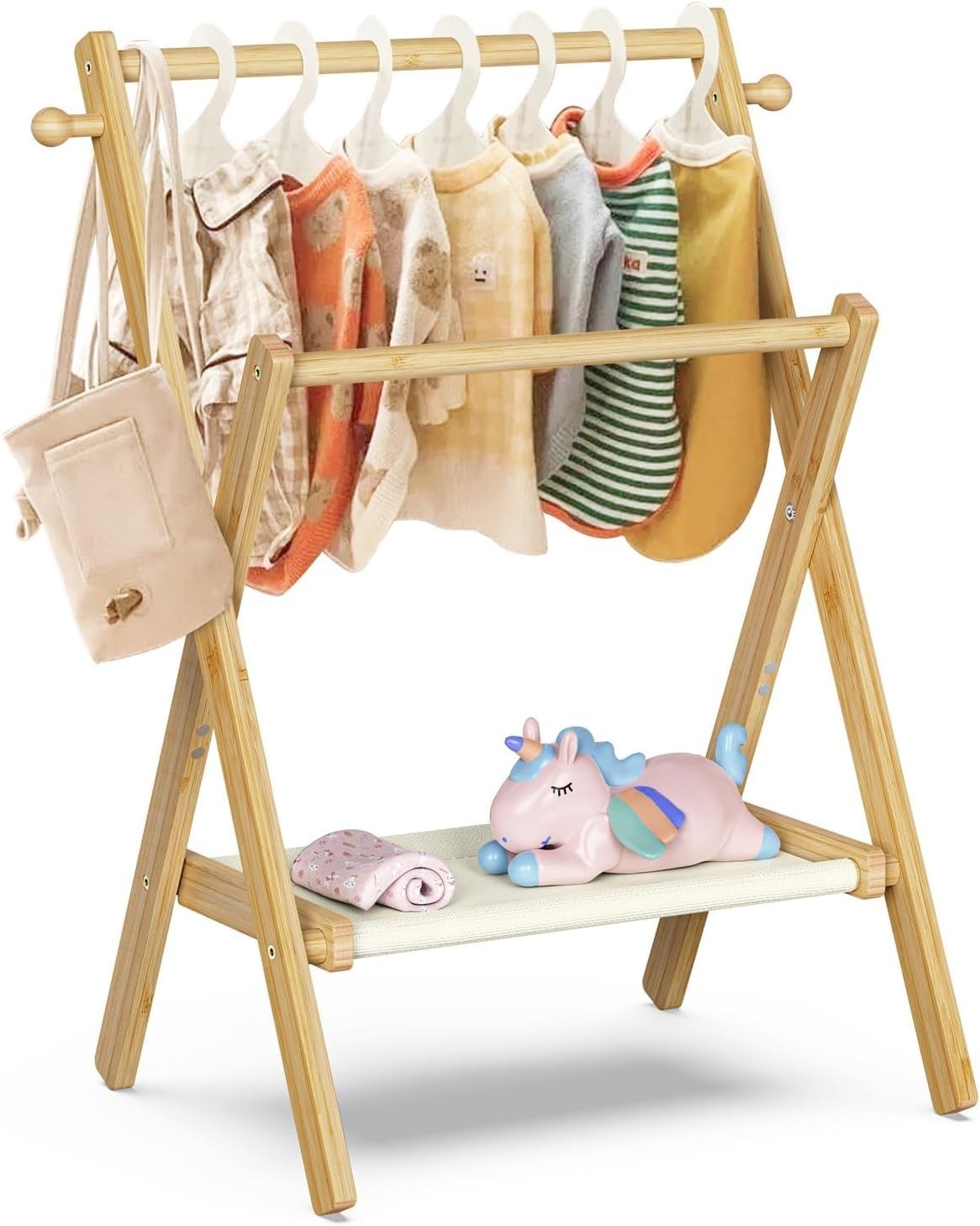 Baby Clothes Rack with Double Rods and Shelf, Natural Bamboo, Free-Standing