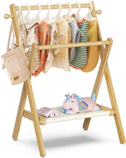 Baby Clothes Rack with Double Rods and Shelf, Natural Bamboo, Free-Standing