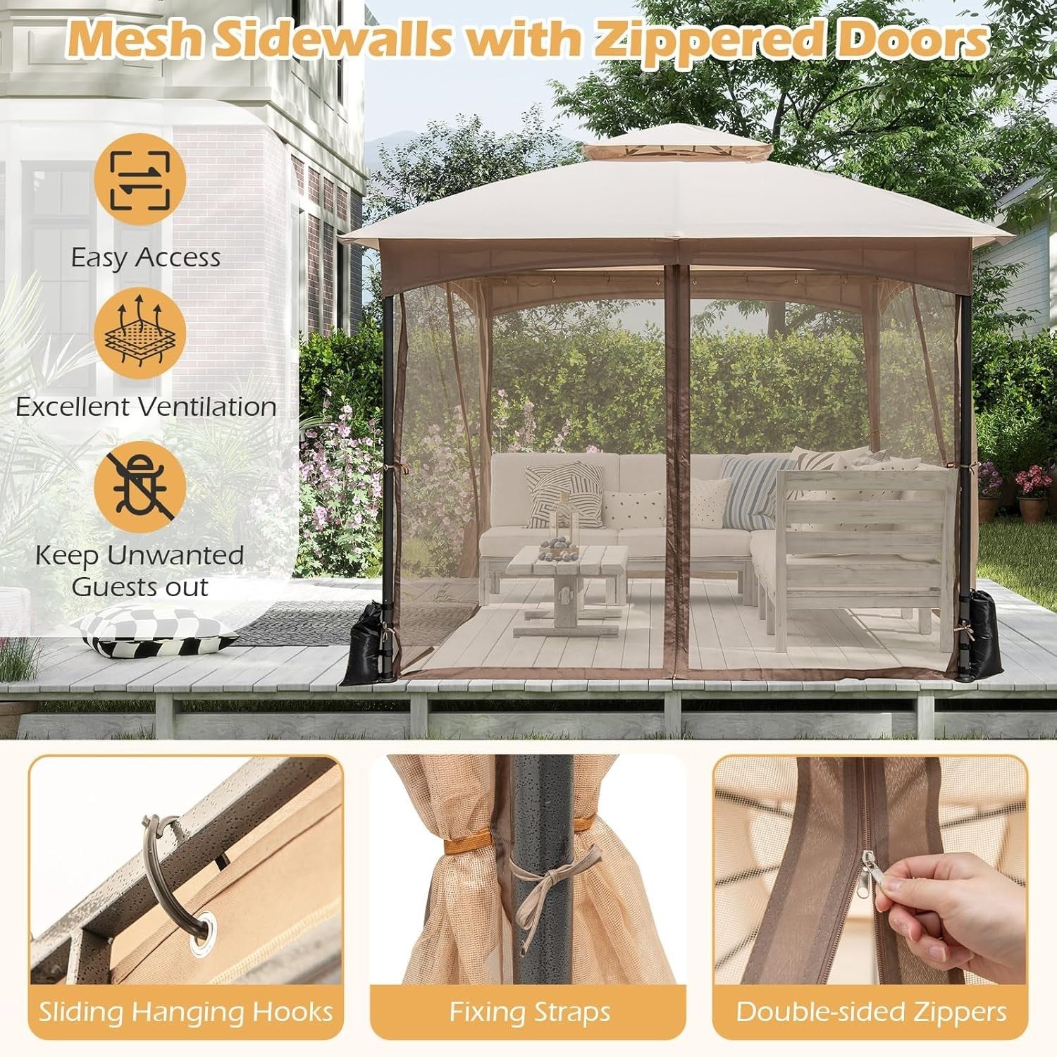3x3M Garden Gazebo Double Roof Patio Tent With Netting & Sandbags Khaki