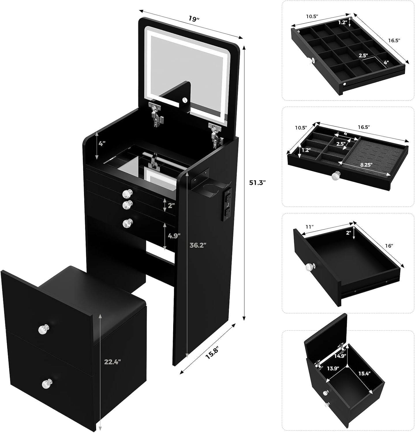 Vanity Makeup Desk w/LED Mirror USB Charging Station Small Spaces