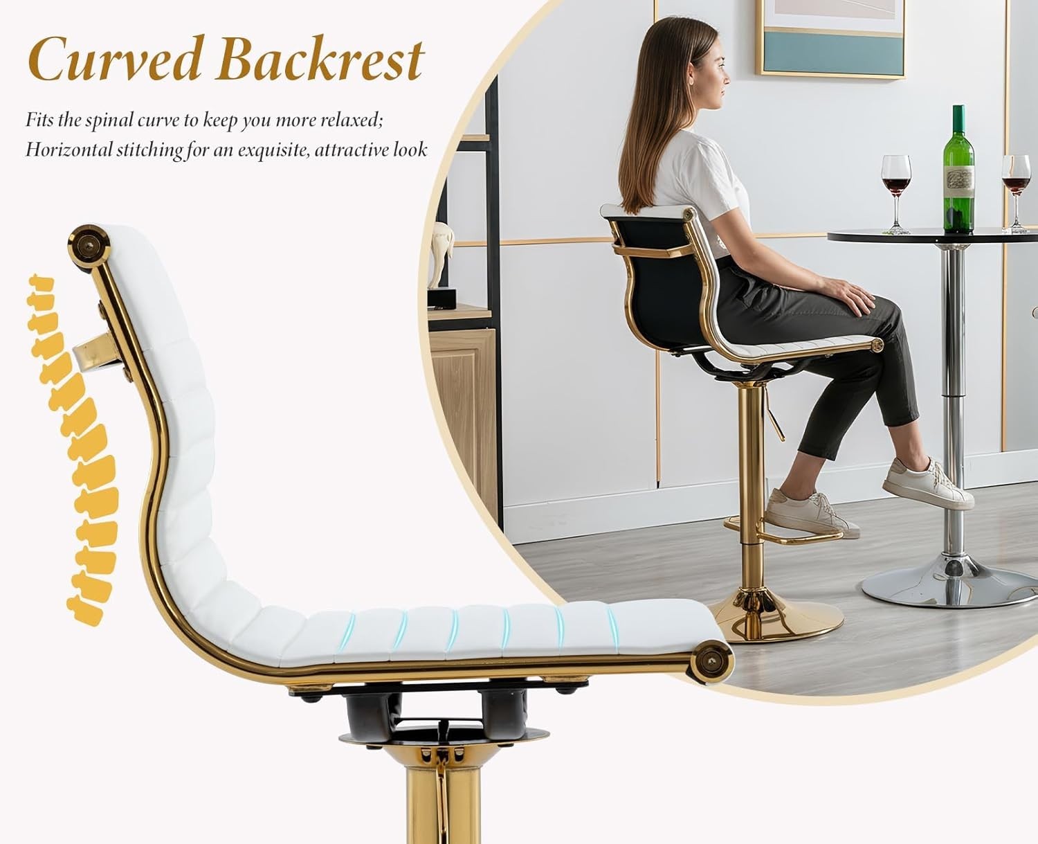 Adjustable White PU Leather Bar Stools Set of 2 Swivel Kitchen Counter
