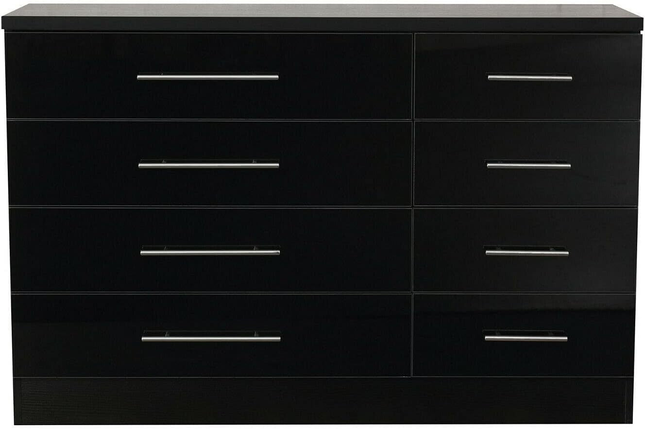 Black Gloss Chest 8 Drawers Bedroom Storage Cabinet Metal Handles Modern