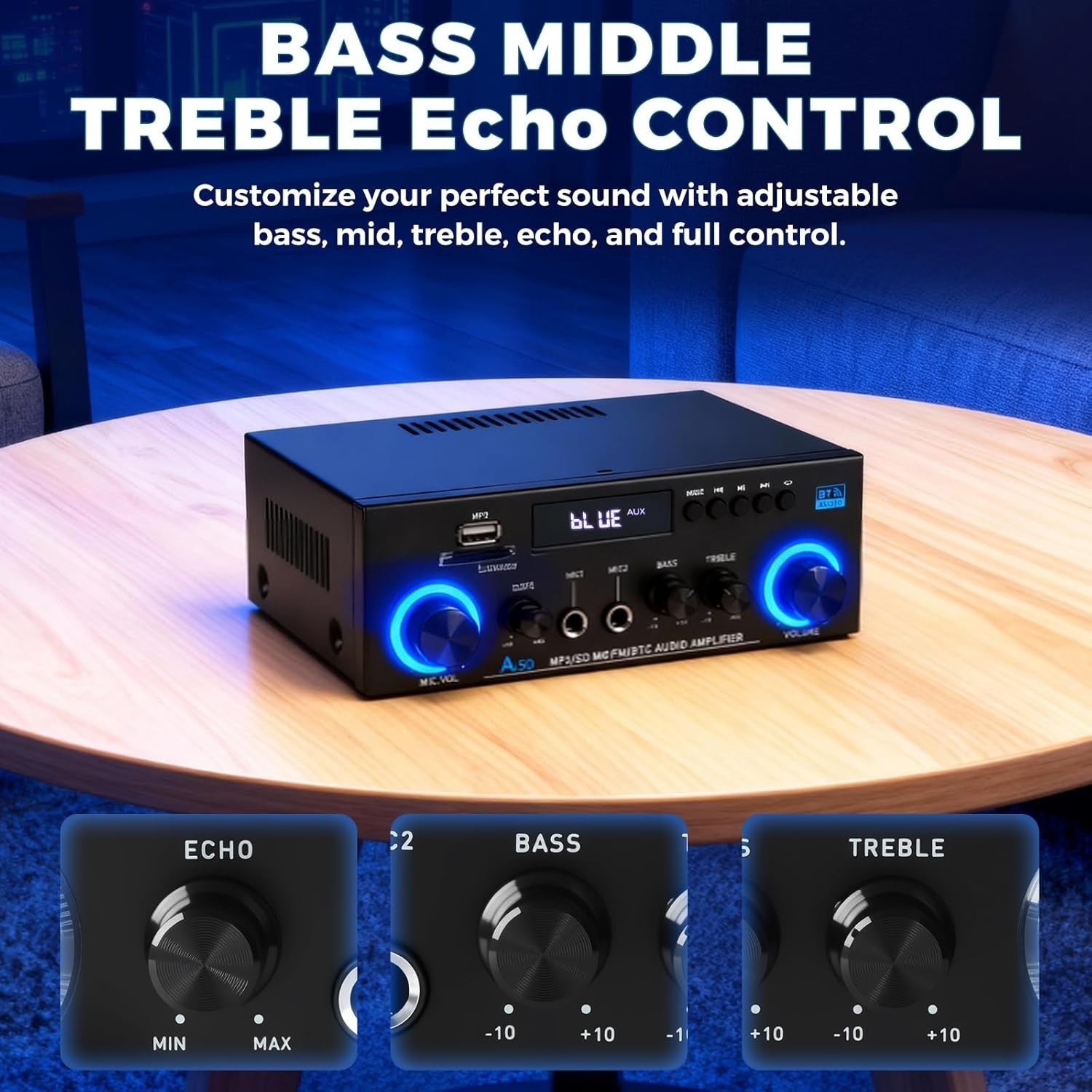 800W Bluetooth 5.0 Stereo Amplifier 2 Channel HiFi 12V/230V FM USB