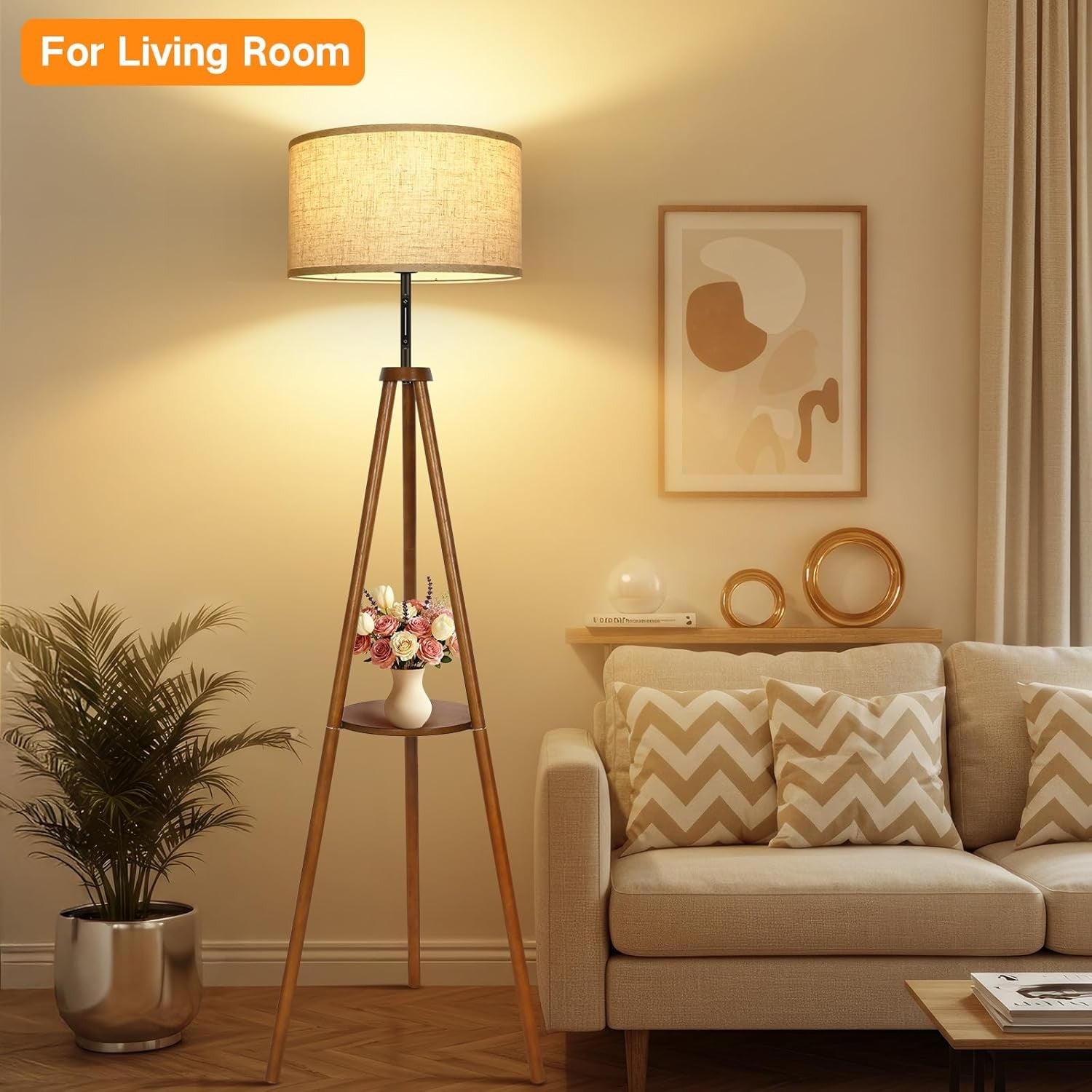 Wooden Tripod Floor Lamp Touch Remote Dimmable Shelf Linen Shade