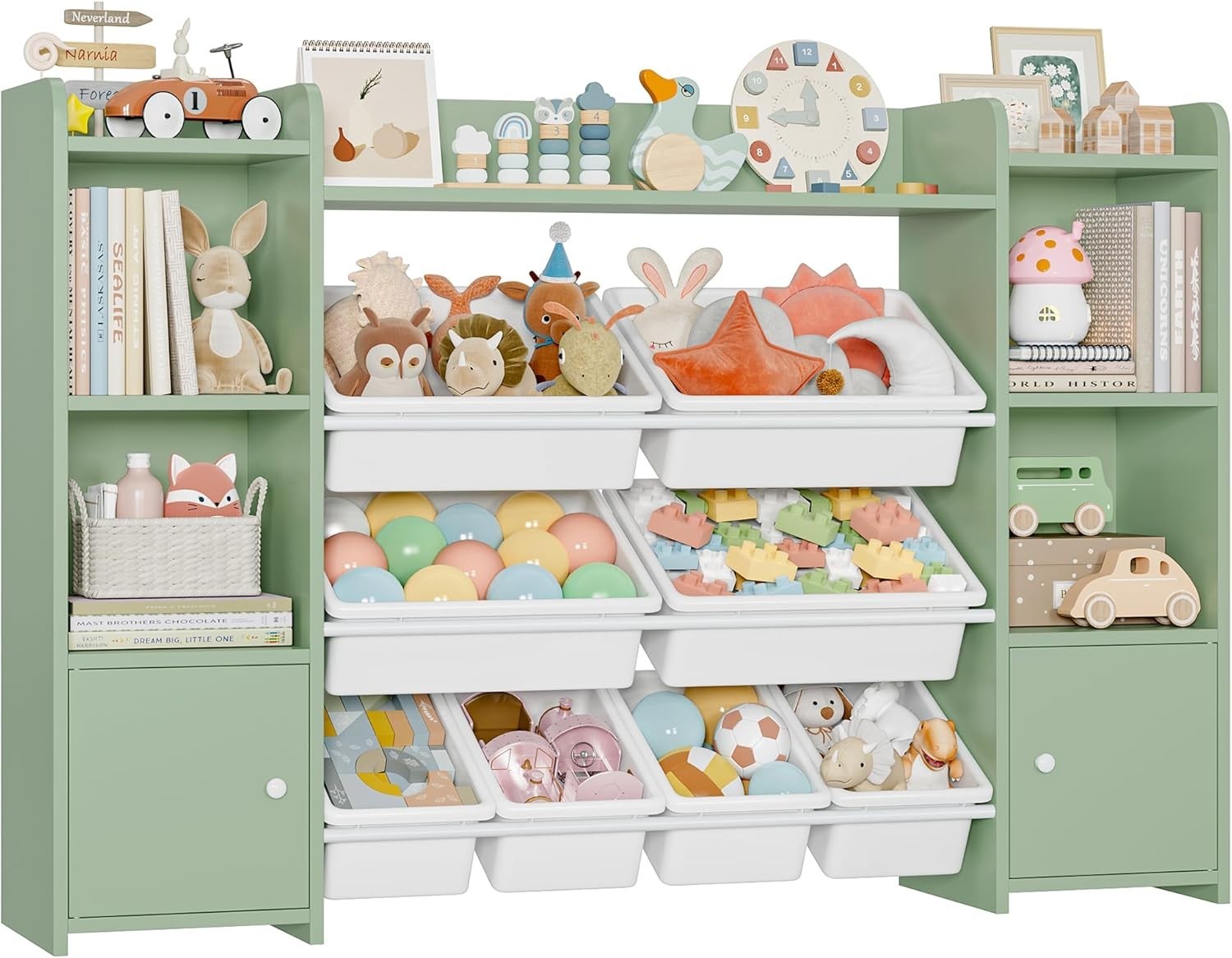 Kids Toy Storage Unit with 8 Boxes & Shelves – Green Bookcase Organizer