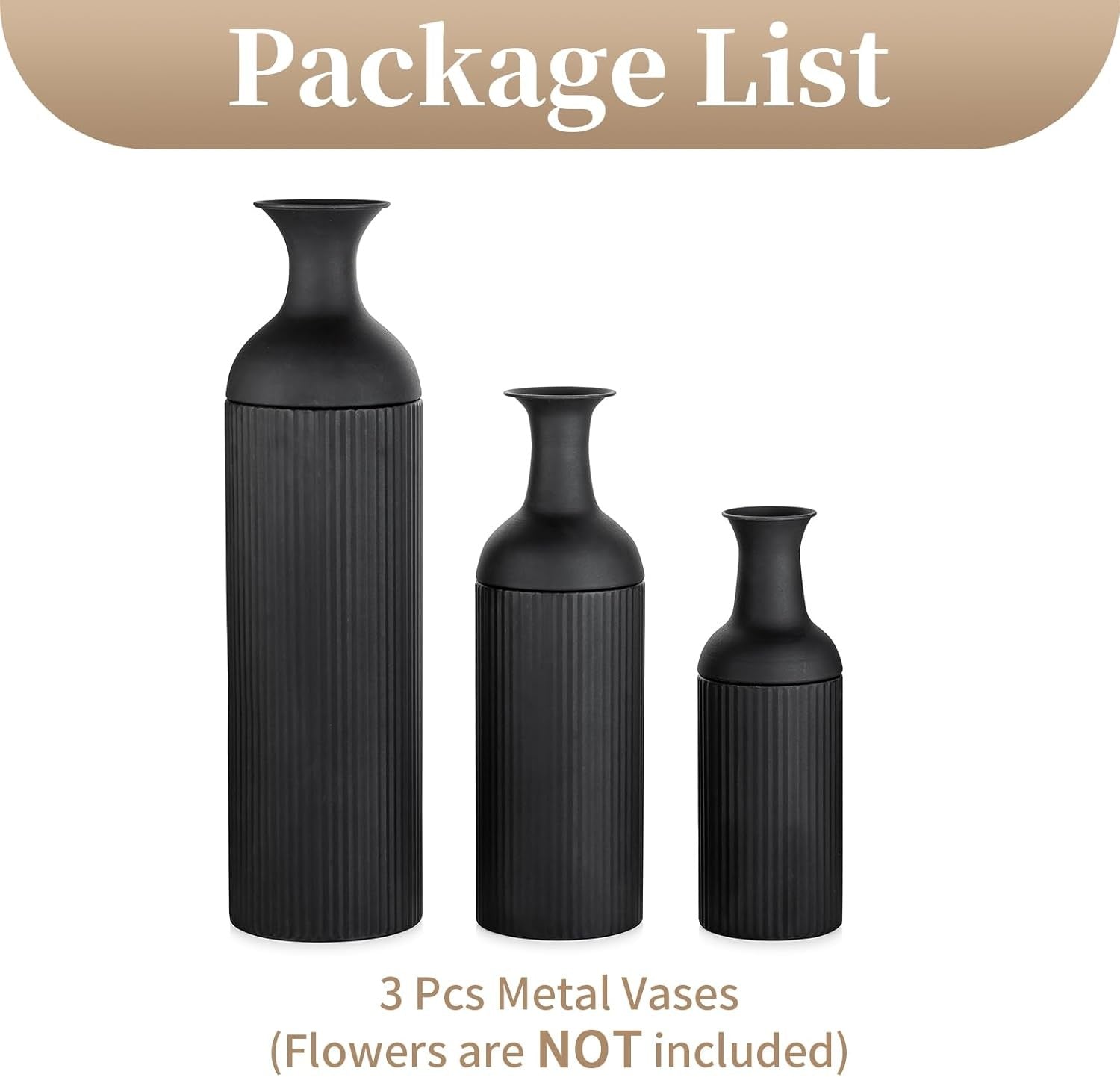 Tall Black Metal Floor Vase Set Ribbed Modern Decor for Pampas Grass