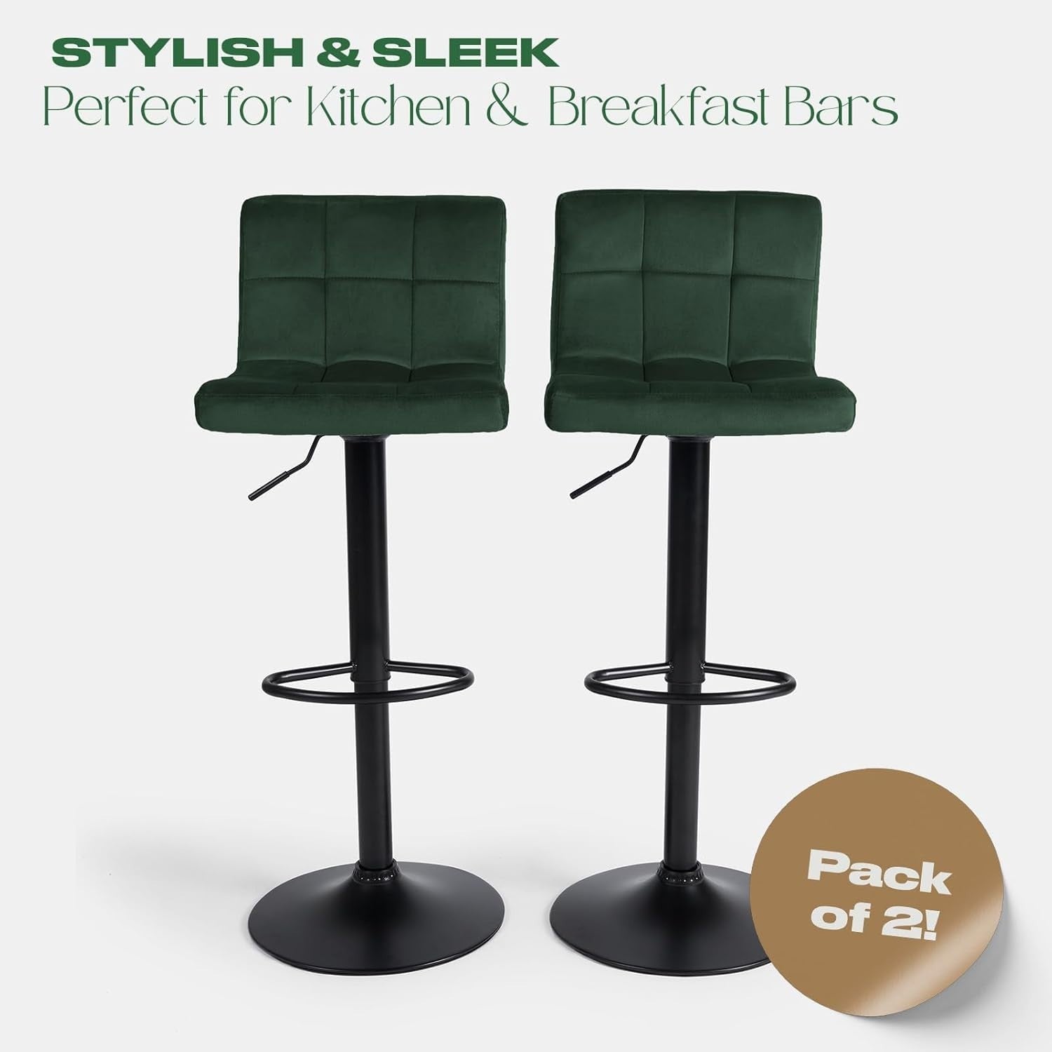 Set of 2 Adjustable Velvet Bar Stools with Swivel & Footrest – Green