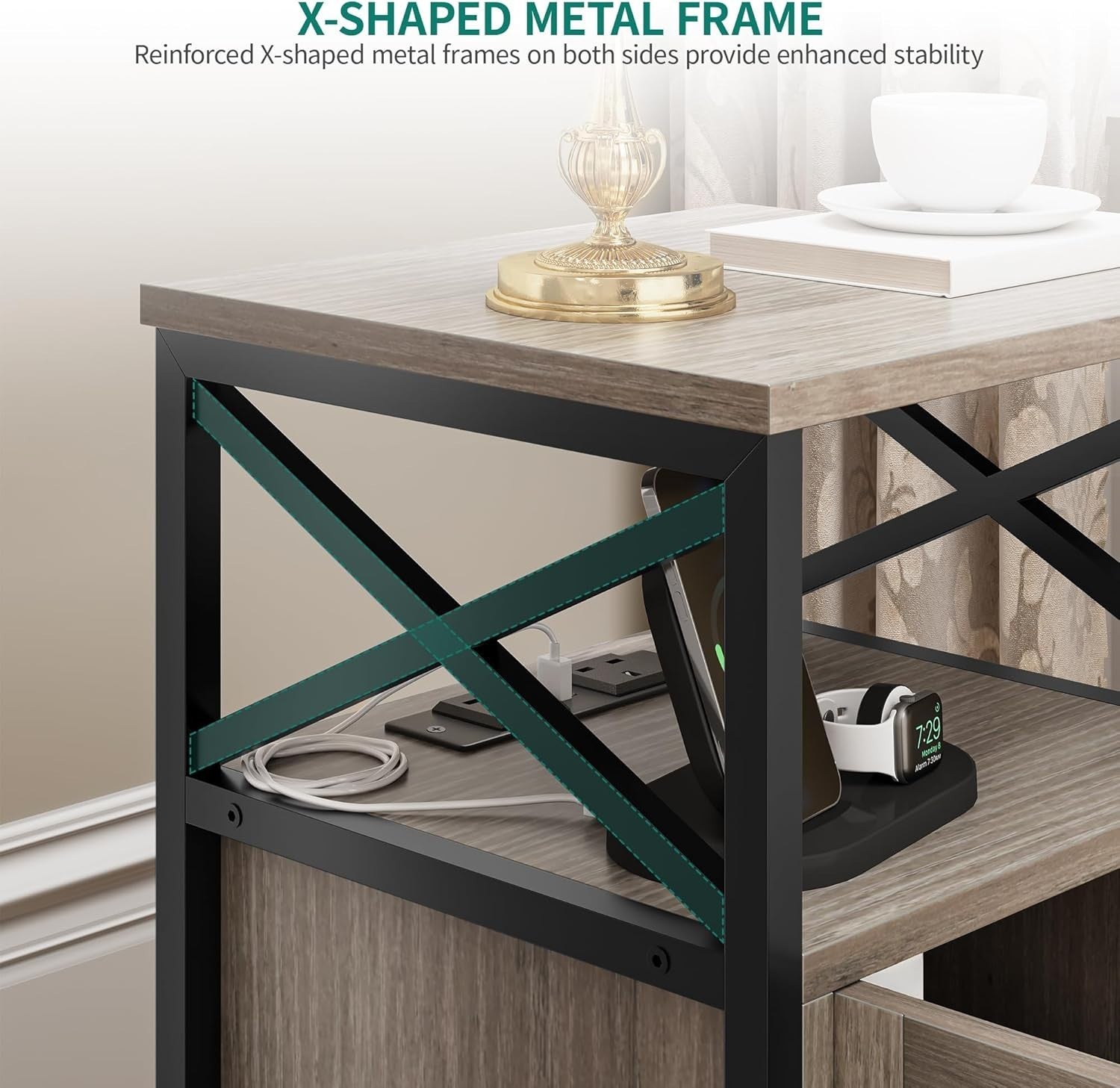 Grey Bedside Table with USB Ports & Storage Cabinet | Industrial Metal Frame