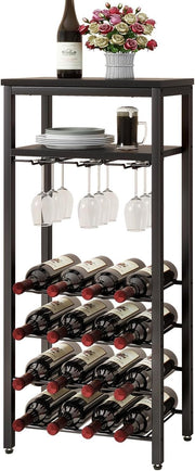 Freestanding Wine Rack 16 Bottle Storage with Hanging Glass Holder Black Shelf