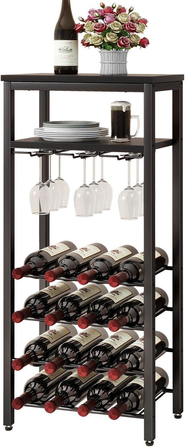 Freestanding Wine Rack 16 Bottle Storage with Hanging Glass Holder Black Shelf