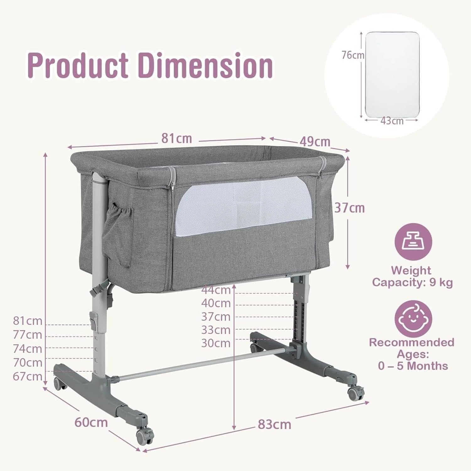 3-in-1 Baby Bedside Crib with Adjustable Heights, Mattress & Carry Grey