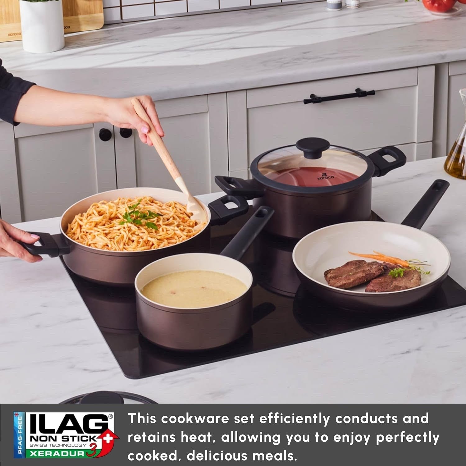 7pcs Bronze Finish Ceramic Non Stick Induction Cookware Set with Glass Lids