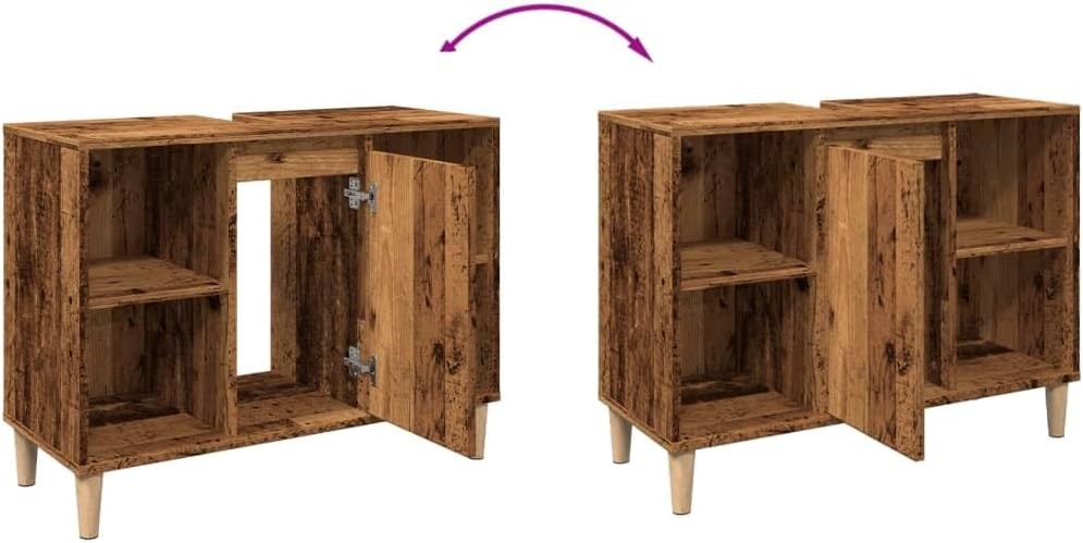 Rustic Old Wood Bathroom Sink Cabinet – Vintage Vanity Unit with Shelves 80cm (S
