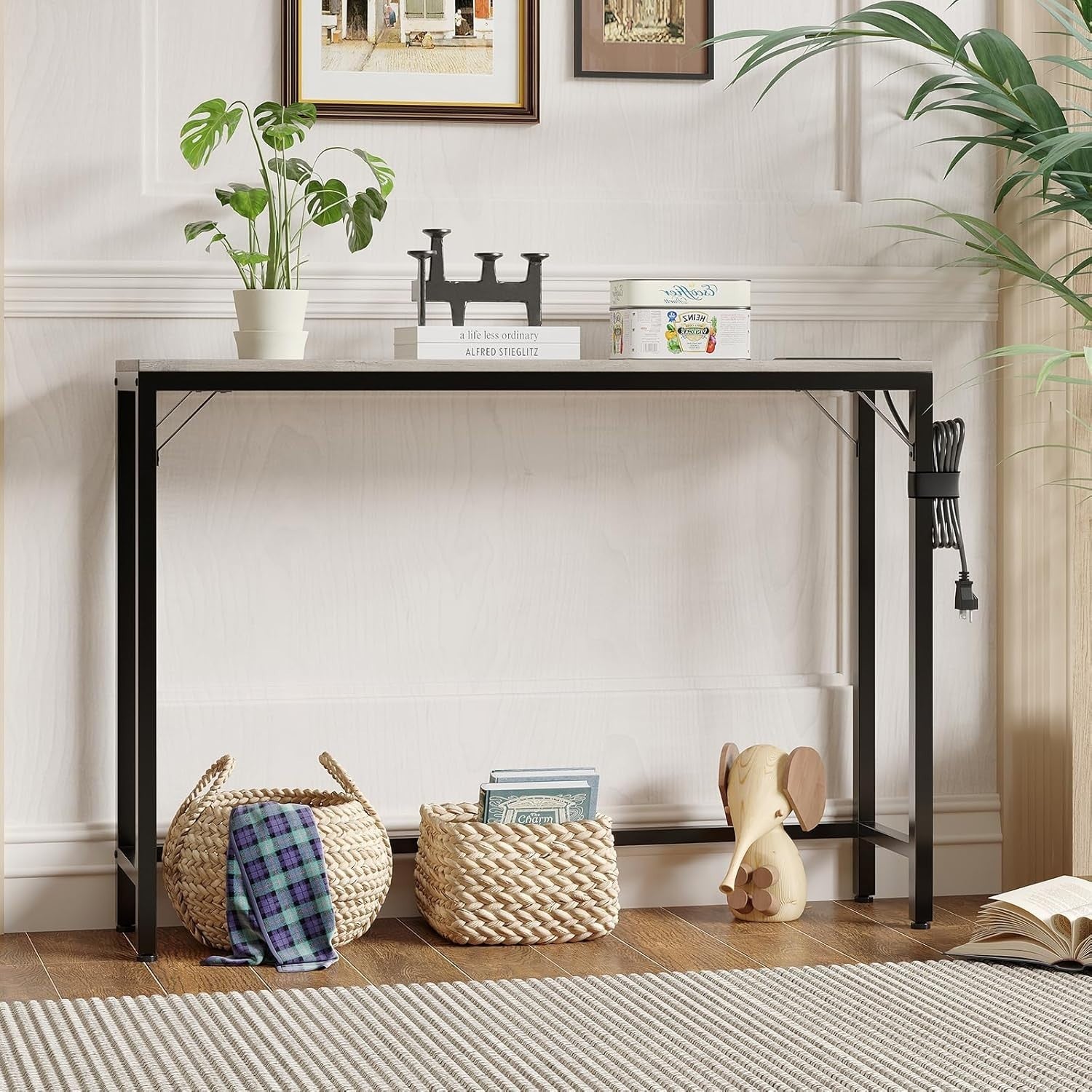 Narrow Console Table with USB-C Charging Station, Compact 100x23x80cm