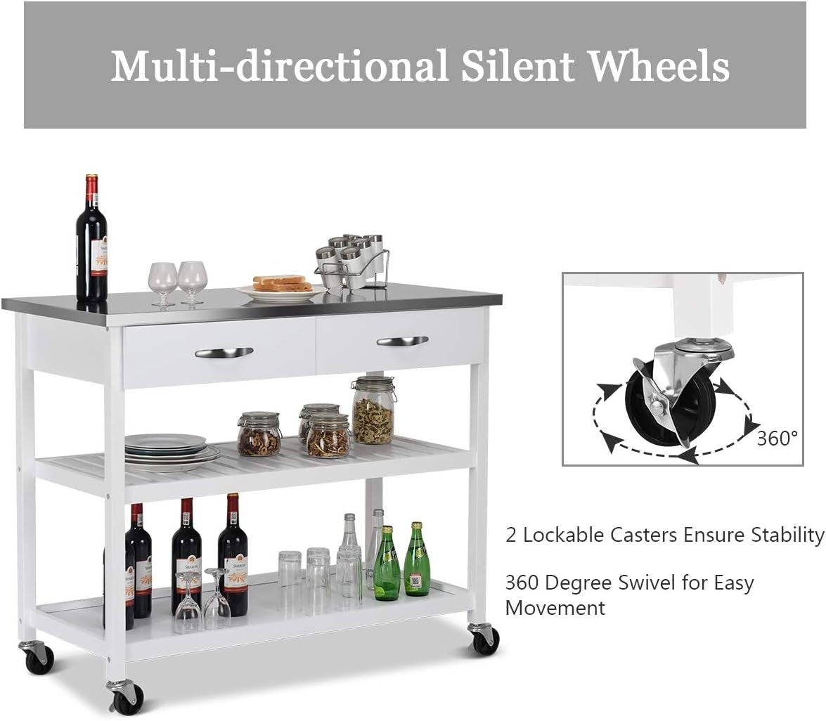 Kitchen Island Trolley Rolling Serving Cart Stainless Steel Top Drawers