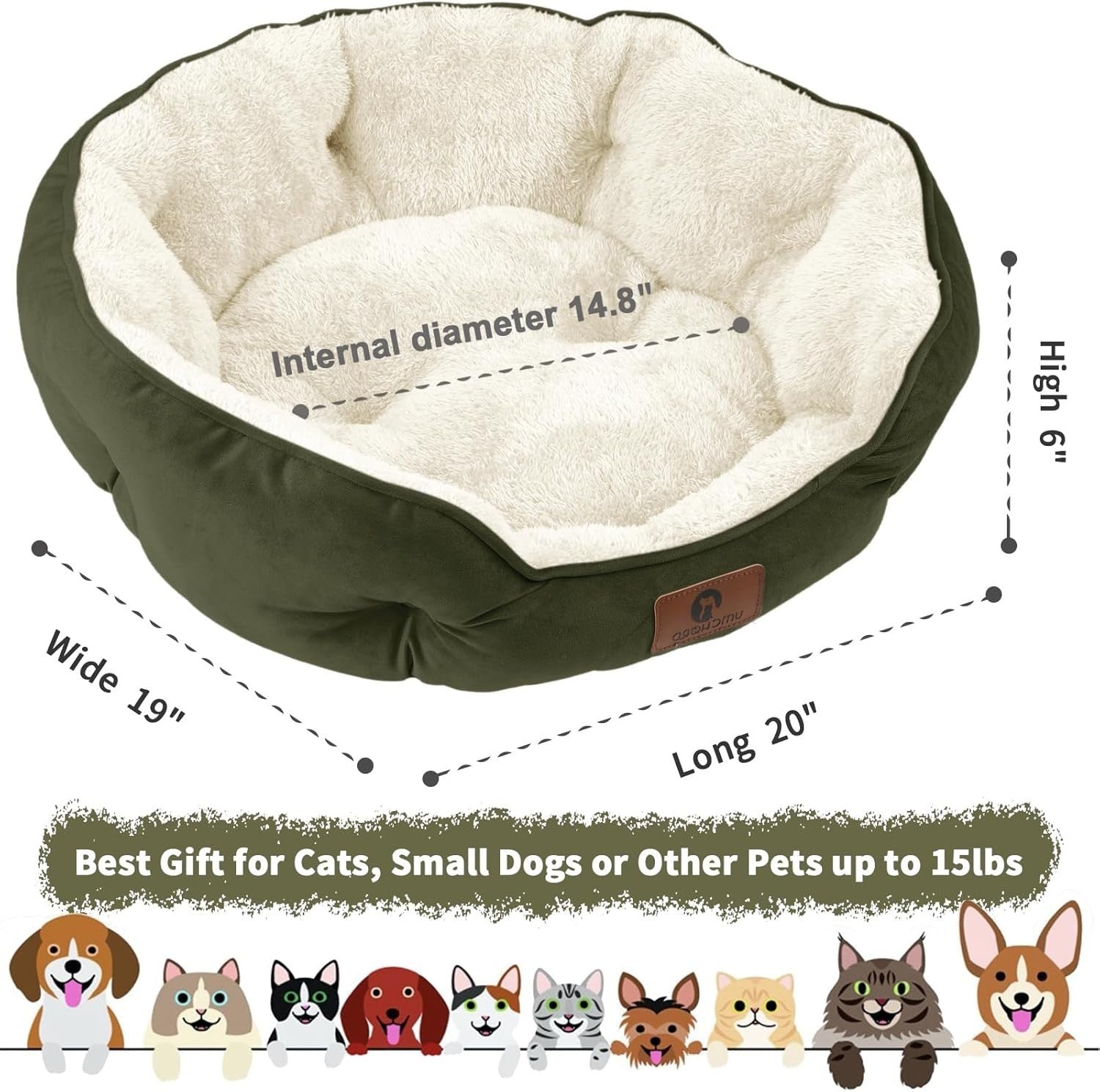 Small Dog Cat Bed 20in Soft Washable Pet Bed Non Slip Cozy Round