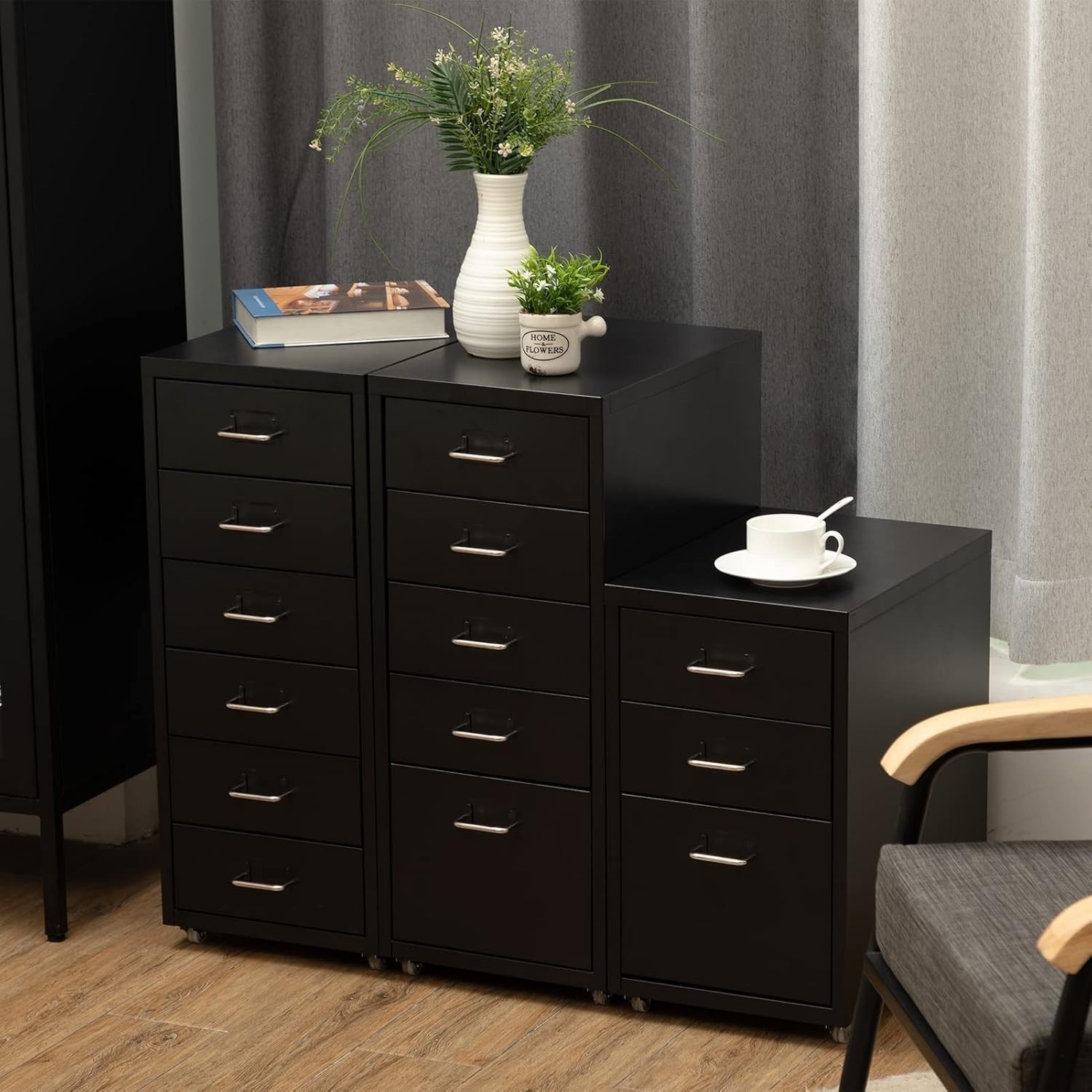 Black Metal Under Desk Drawer Unit 3 Tier Rolling File Storage