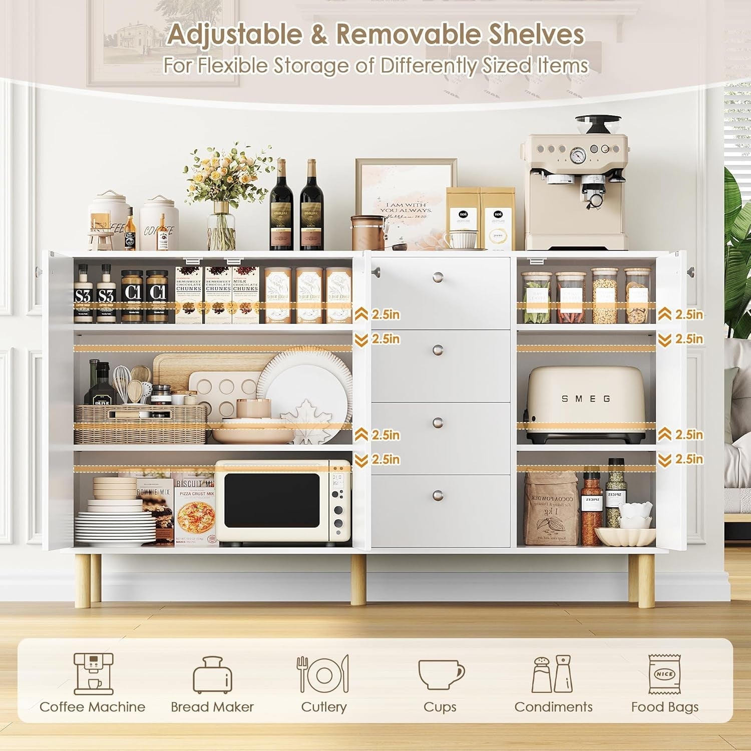 Modern White Sideboard Cabinet with Drawers & Doors 140cm Storage Unit