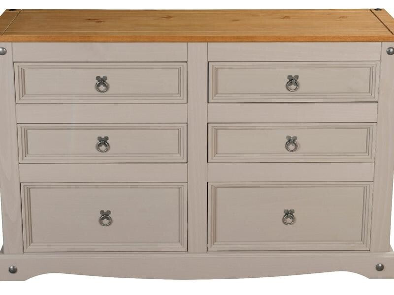 Grey 6 Drawer Chest Solid Pine Rustic Sideboard Bedroom Storage Unit 132cm
