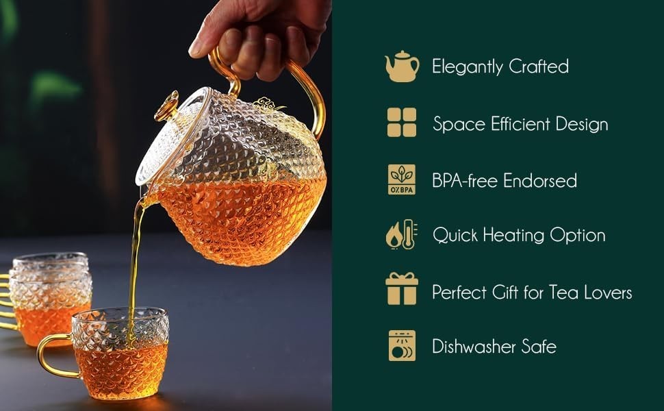 600ml Glass Teapot Set with 4 Tea Glasses Infuser Stovetop Safe