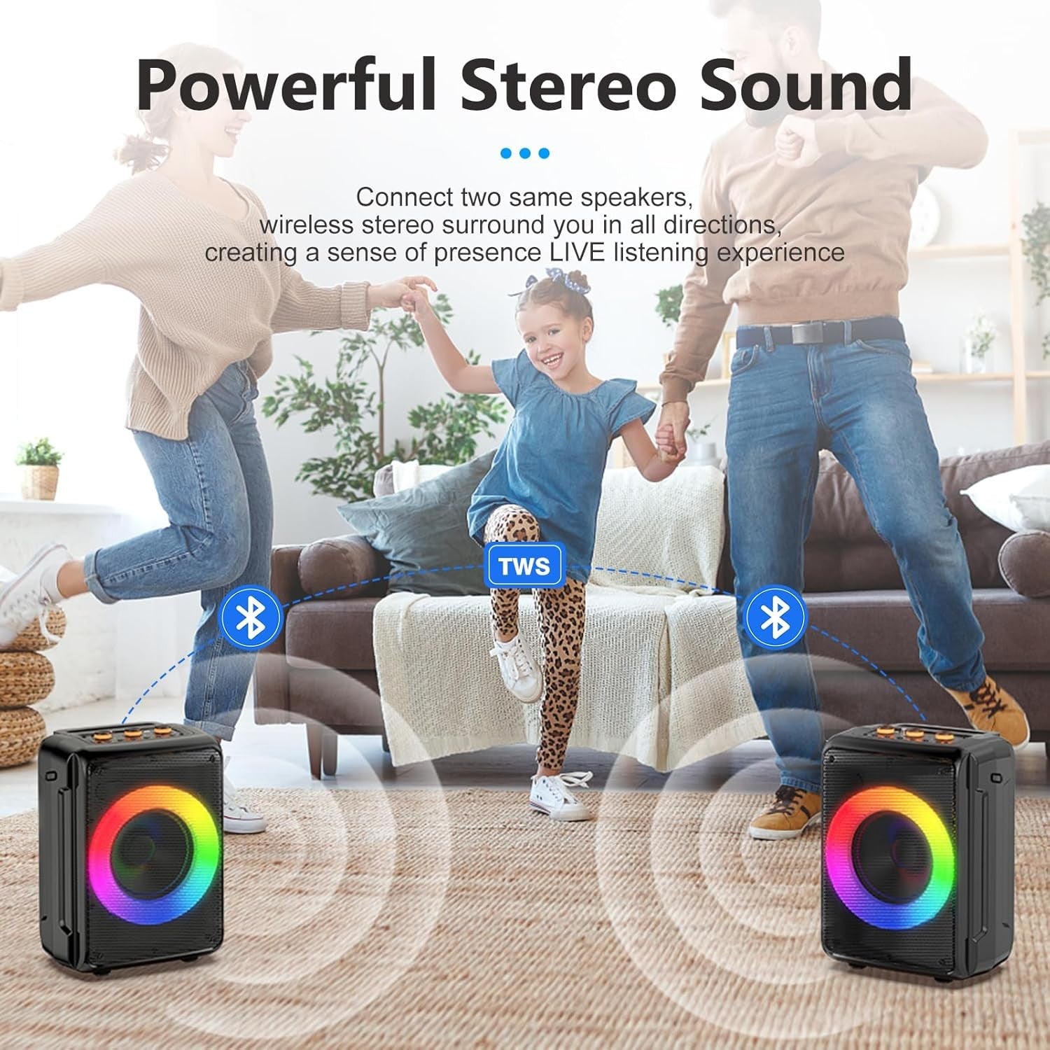 Portable Karaoke Machine 2 Mics Bluetooth 5.3 DJ Lights TWS