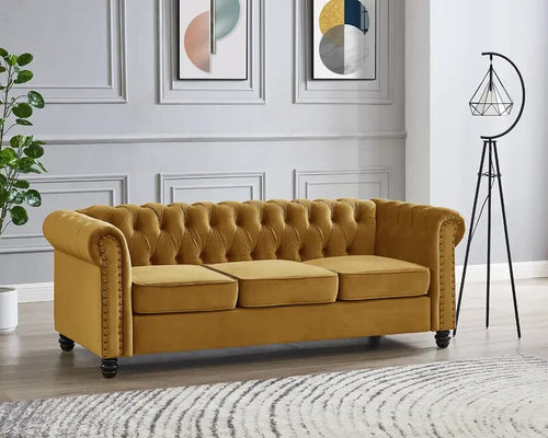 3 Seater Chesterfield Sofa Gold Velvet Scroll Arms Tufted Back Living (V)