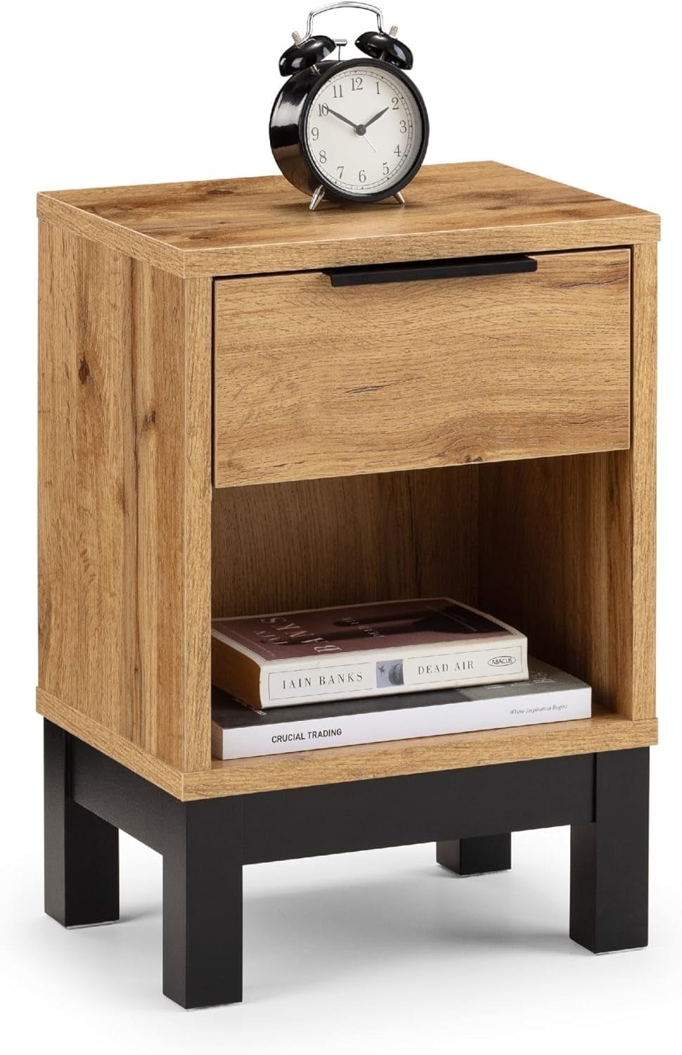 Modern Oak Wood Bedside Table | 1 Drawer Nightstand with Open Shelf & Black Legs