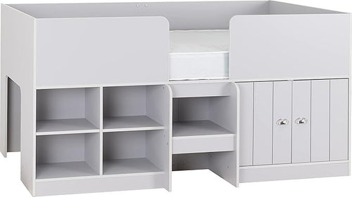 Kids Single Low Sleeper Bed with Storage Cupboards Shelves Grey 3ft