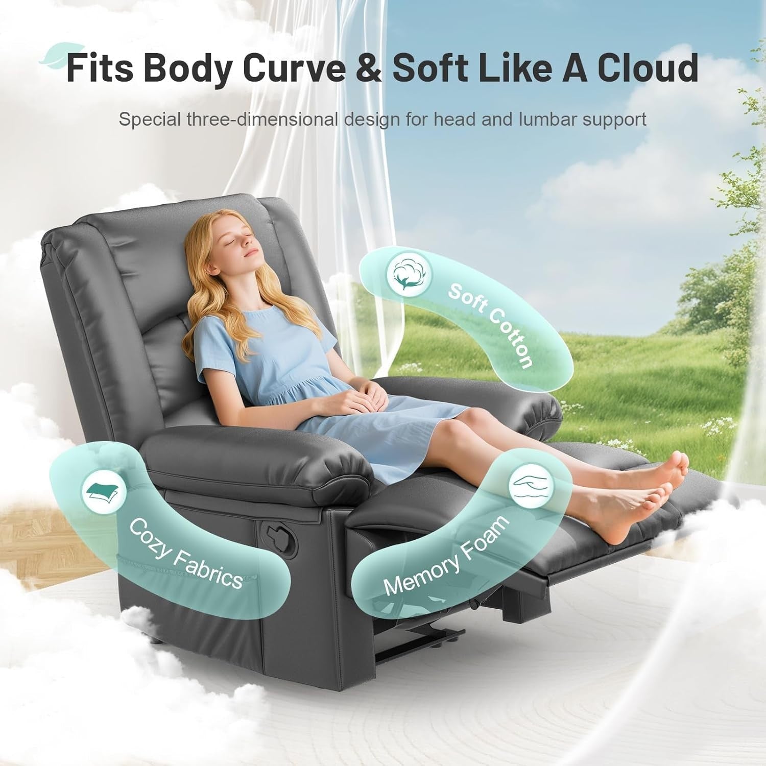 PU Grey Recliner Armchair Massage Heat Sofa Chair Adjustable Backrest Legrest