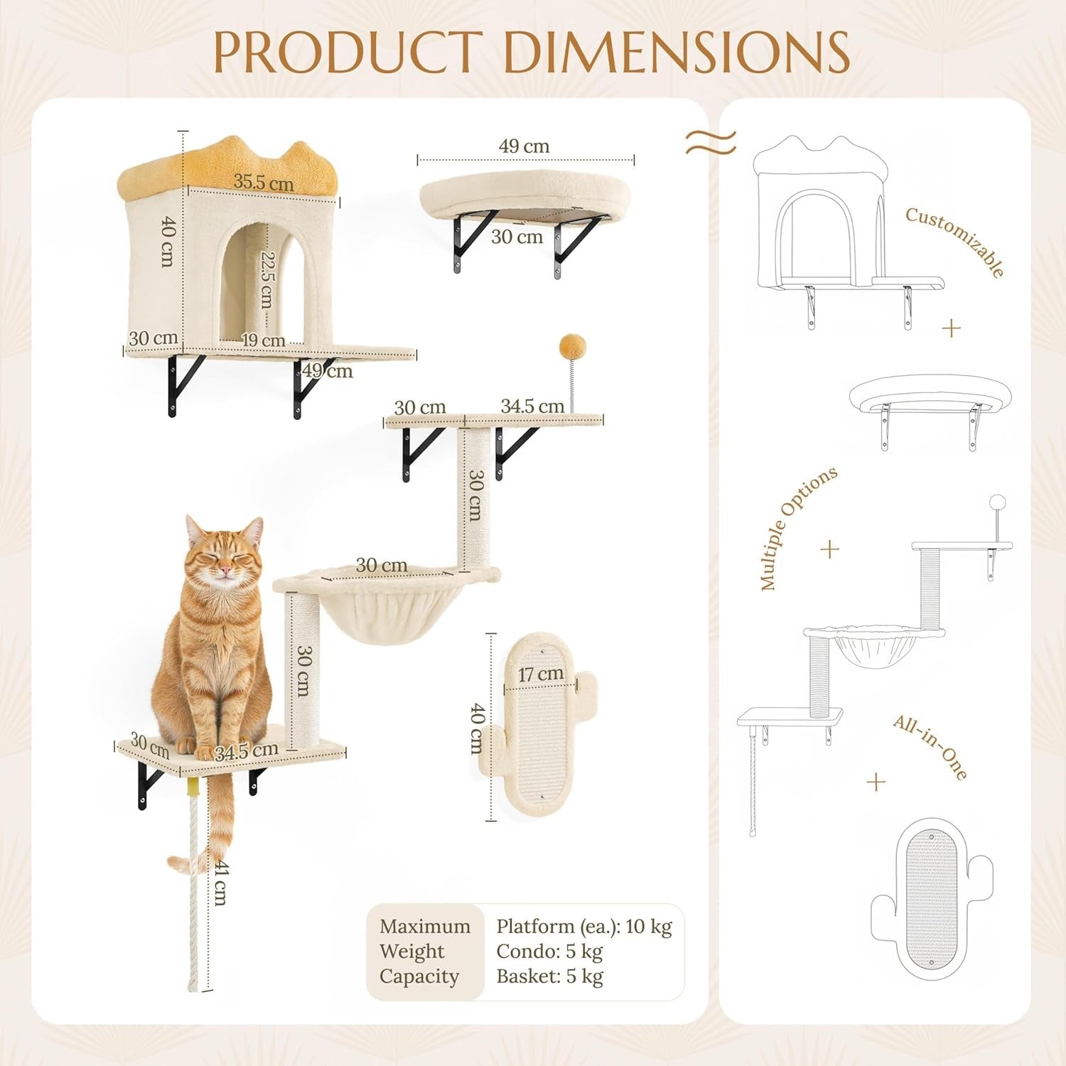 Wall Mounted Cat Shelves Climbing Set with Scratching Posts Perches Beige
