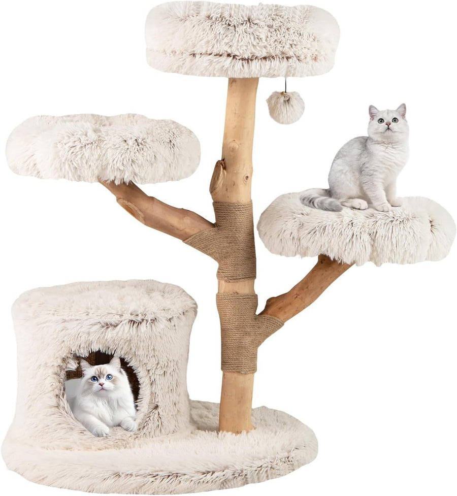 102cm Wooden Cat Tree White Multi Level Tower with Plush Perches & Jute Scratch