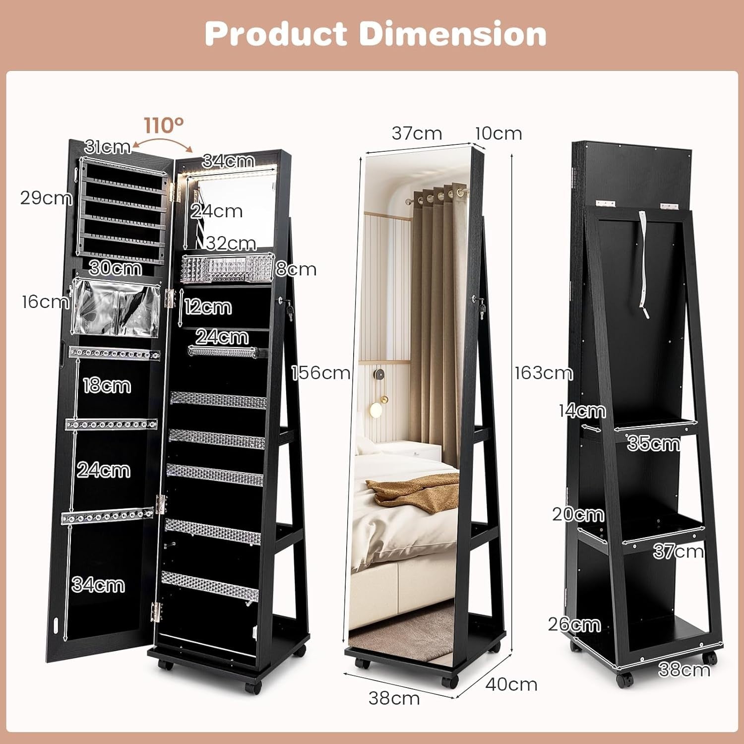 360° Swivel Jewelry Armoire LED Mirror Lockable Storage on Wheels Black