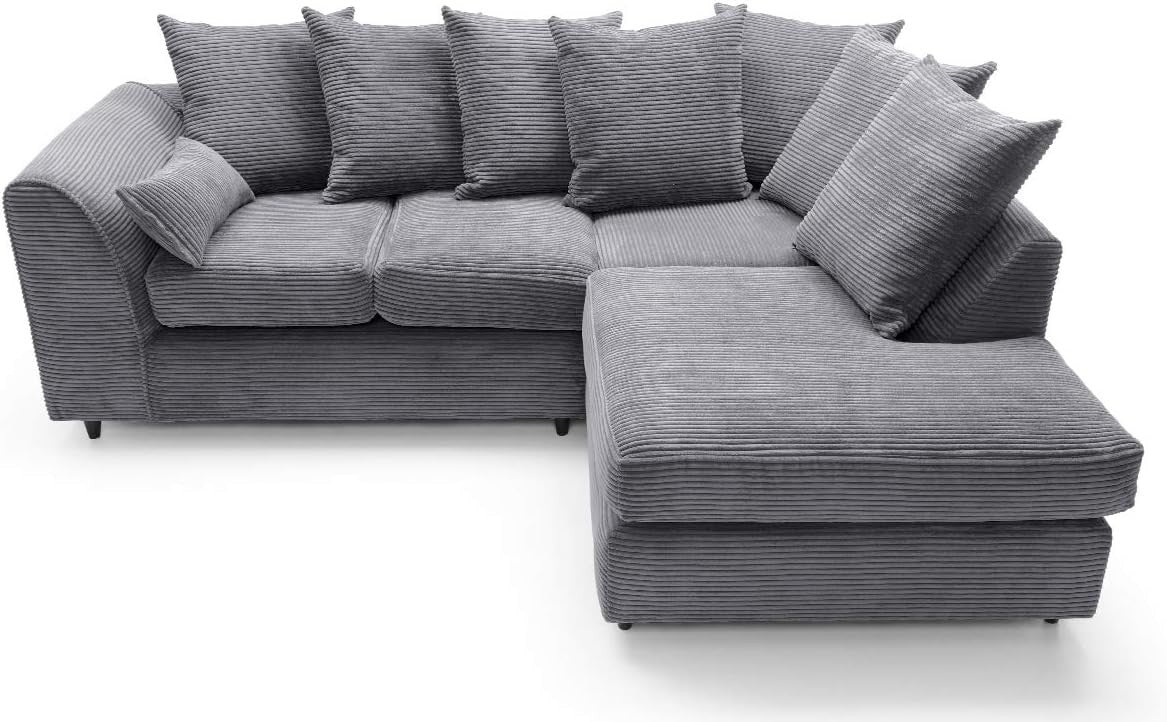 Grey Jumbo Cord Right Hand L Shaped Sofa | Deep Cushions | Durable Frame