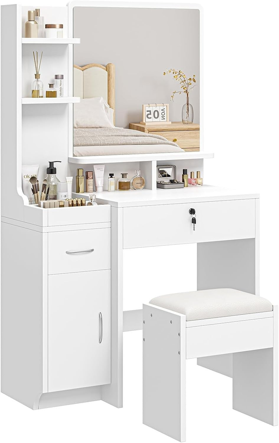 Modern Dressing Table Vanity Desk with Stool Makeup Storage Drawers & Lockable C