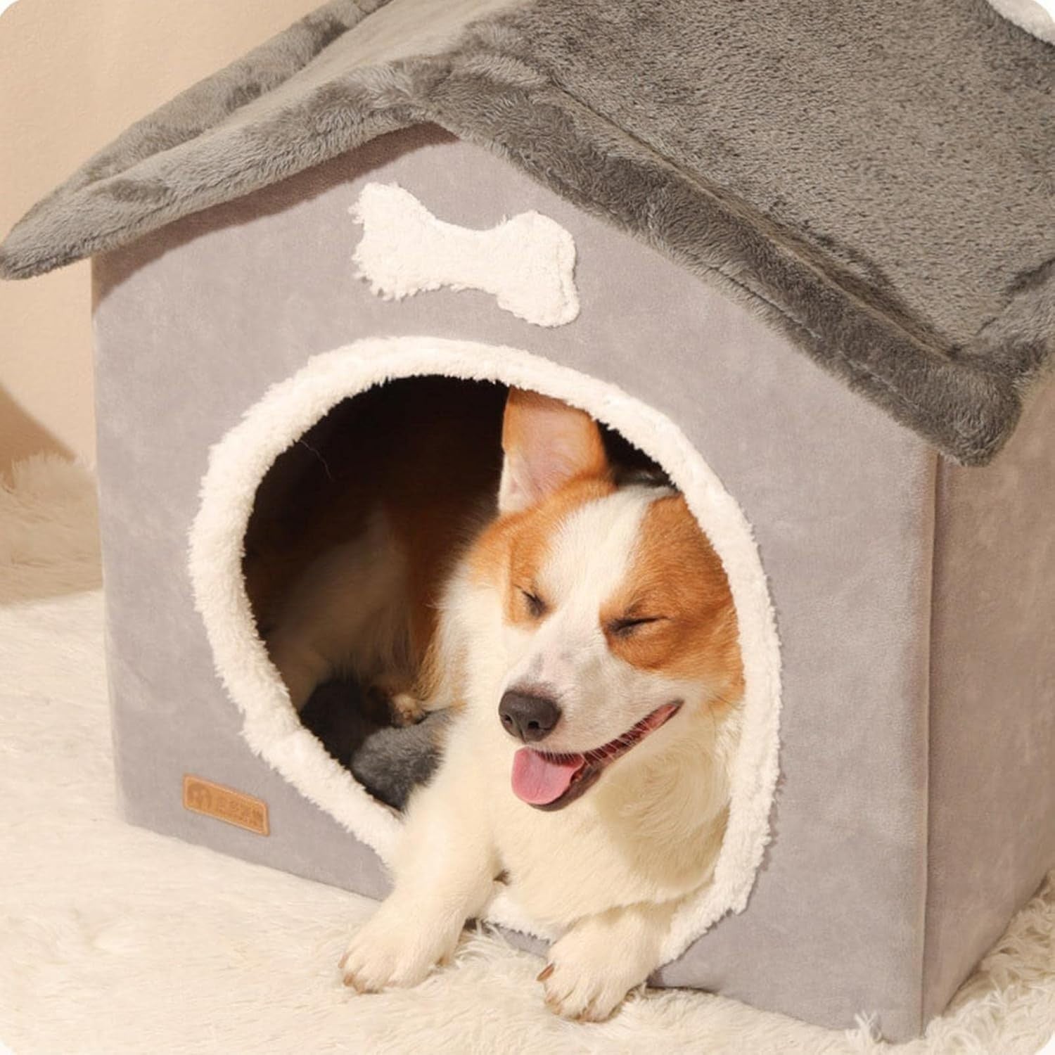 Foldable Plush Dog House Kennel Bed with Removable Cushion Small Medium Pets
