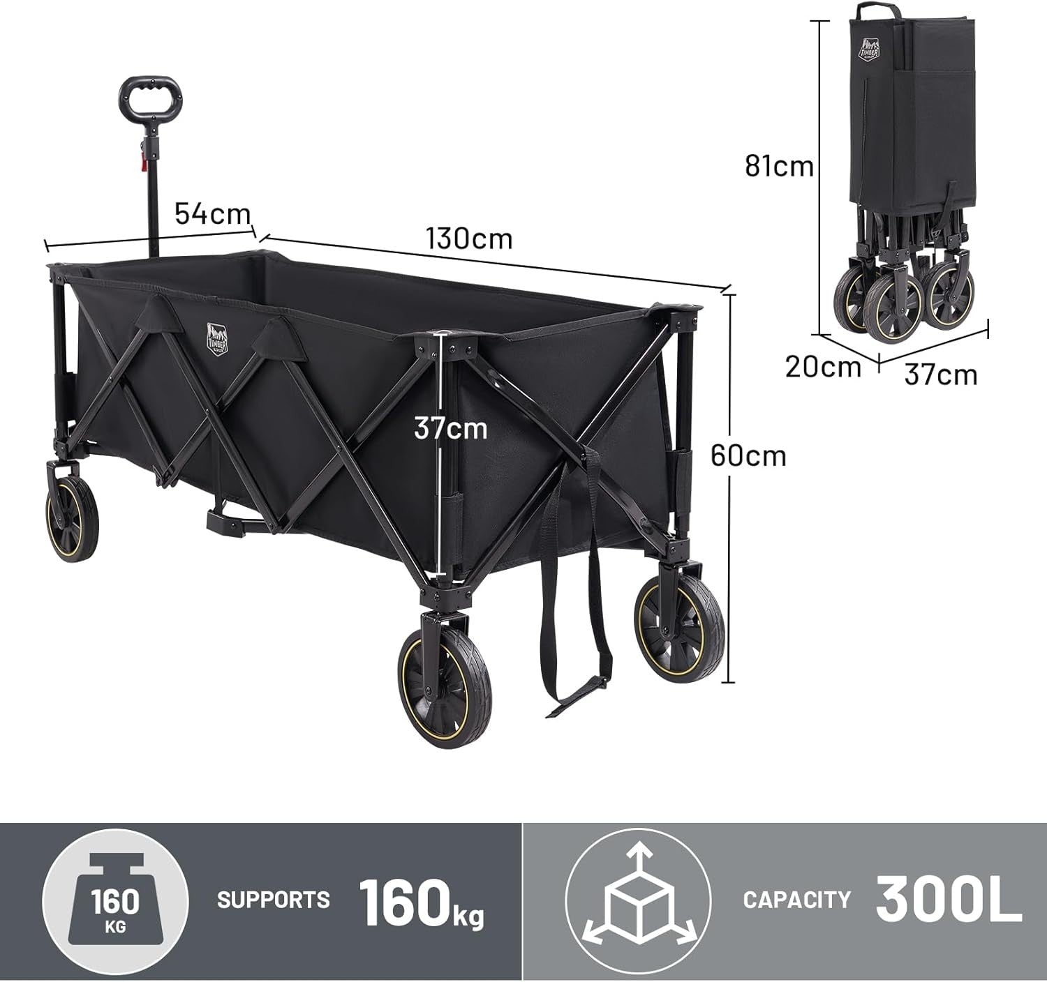 Black 300L Extended Folding Camping Wagon 160kg Heavy Duty Trolley with Brakes