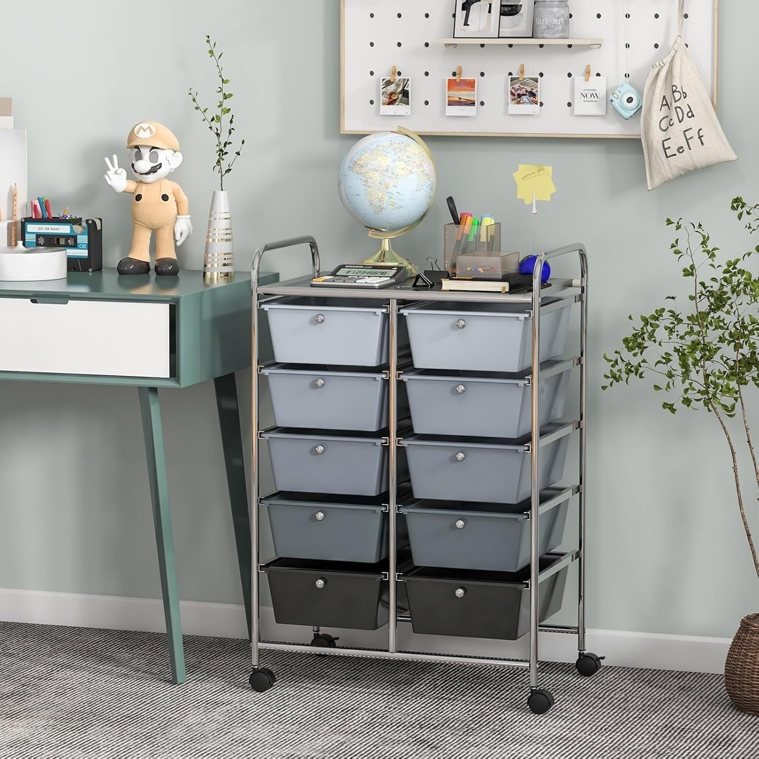 Gradient Black 10 Drawer Rolling Storage Trolley Office Beauty Organizer