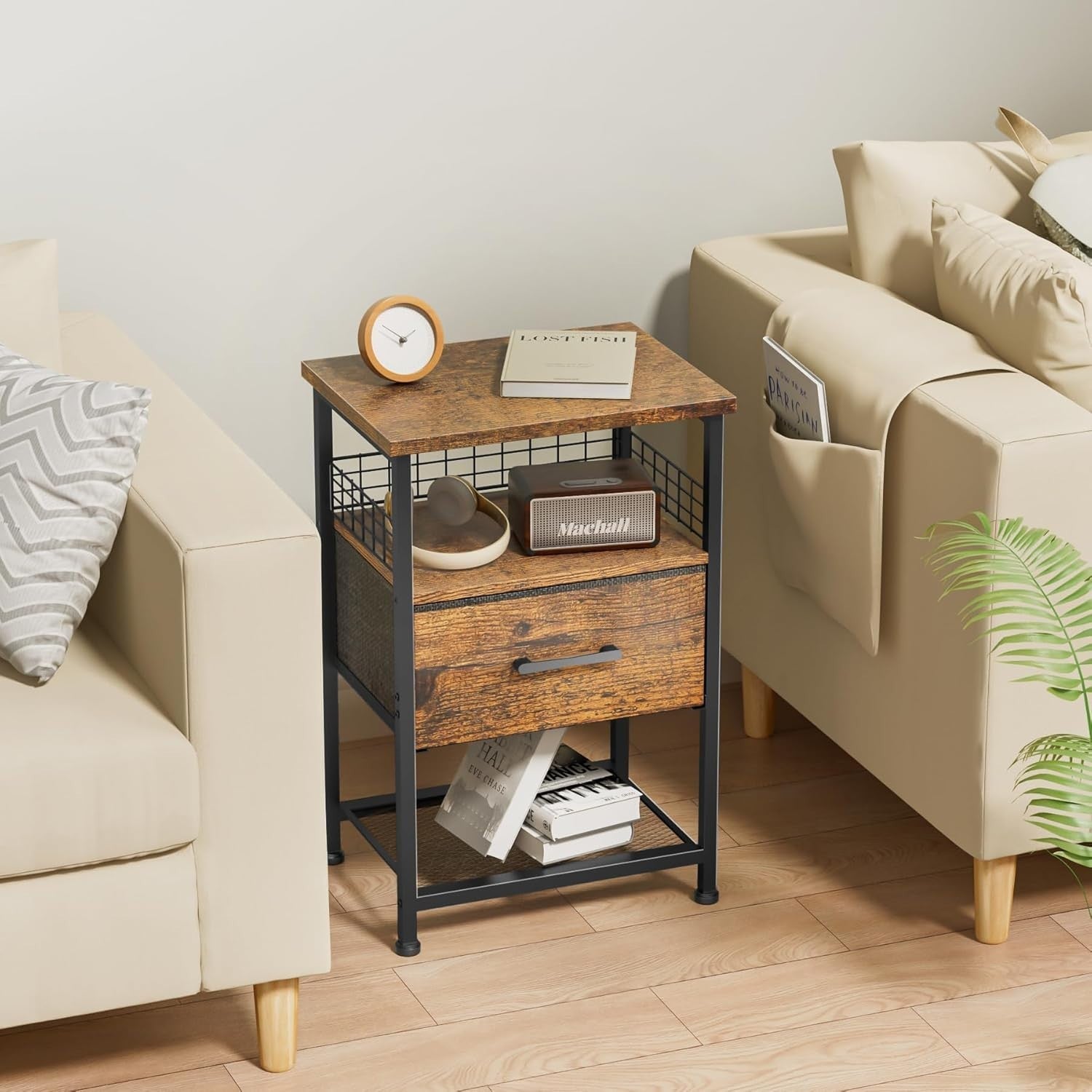 Set of 2 Rustic Brown Bedside Tables with Drawers & Shelves