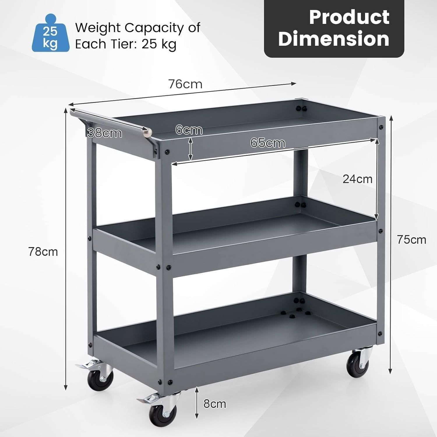3 Tier Heavy Duty Tool Trolley Rolling Utility Storage Cart Grey
