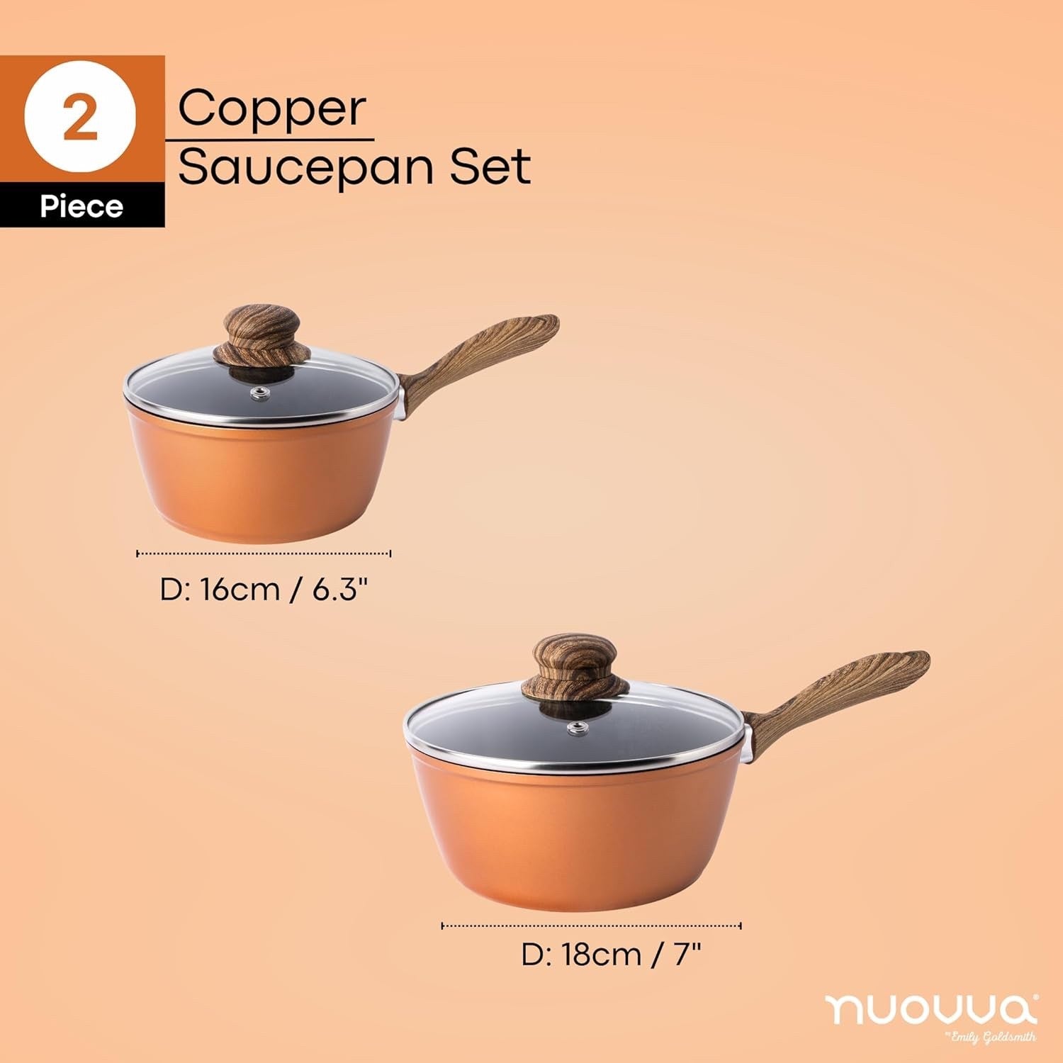 2pcs Copper Non-Stick  Saucepan Set with Lids 16cm & 18cm Induction Ready