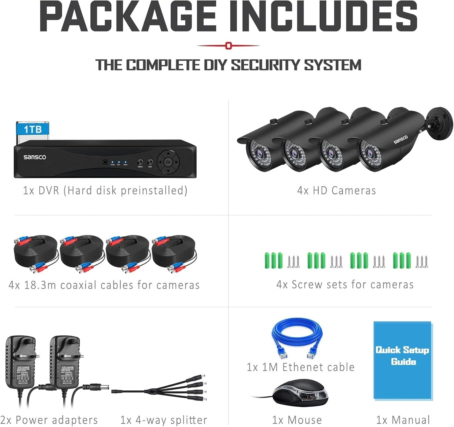 1080P CCTV Camera System 8CH DVR 1TB HDD 4 Security Cameras