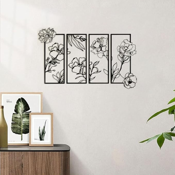 Hocadon 4 Pieces Black Flower Metal Wall Art Minimalist Wall Decor