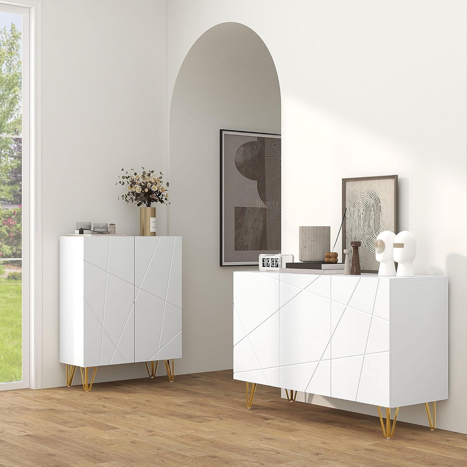 High Gloss Sideboard Cabinet White Gold Legs Modern Storage Unit 120cm
