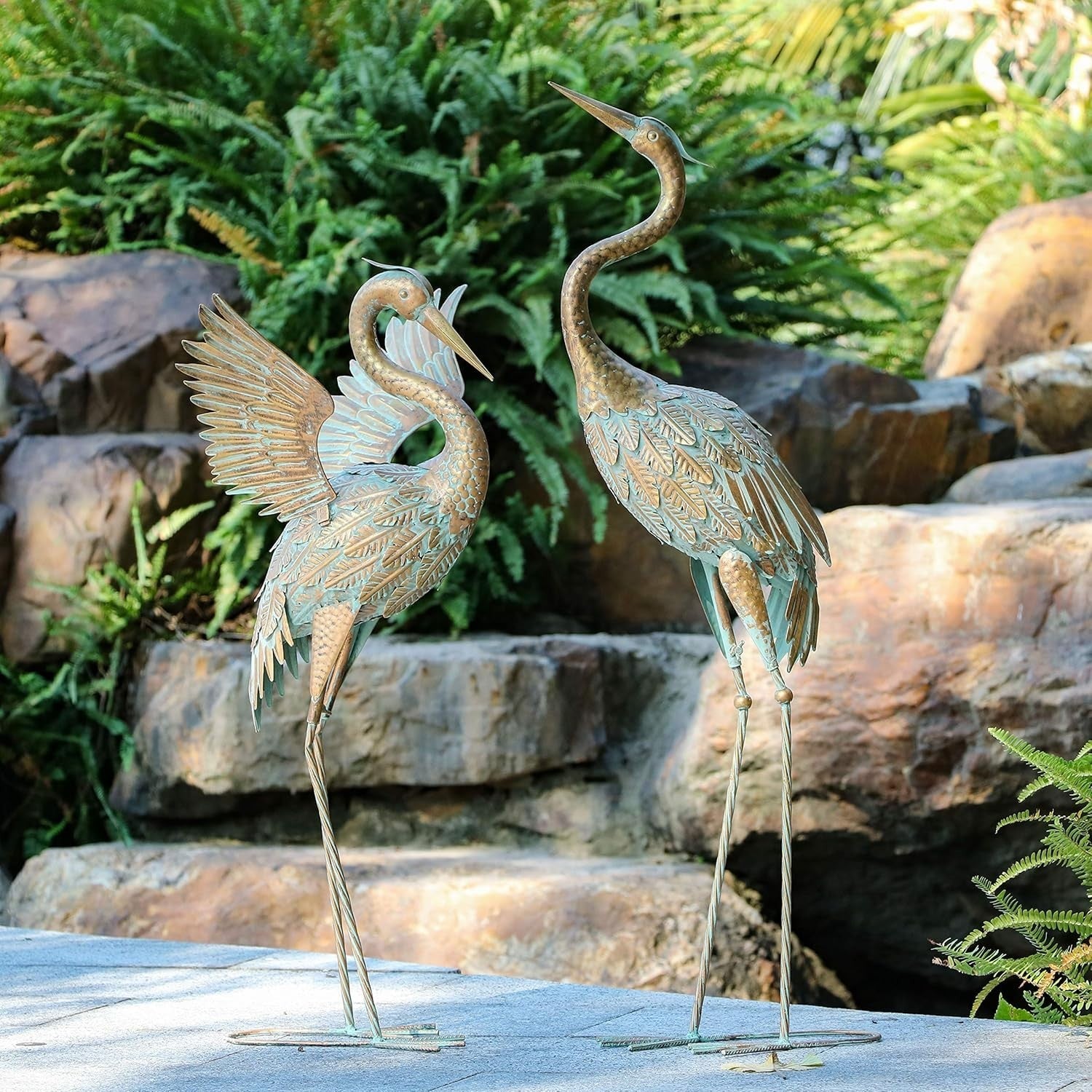 Metal Crane Garden Statues Pair 26in Gold Heron Sculptures Outdoor Yard Decor