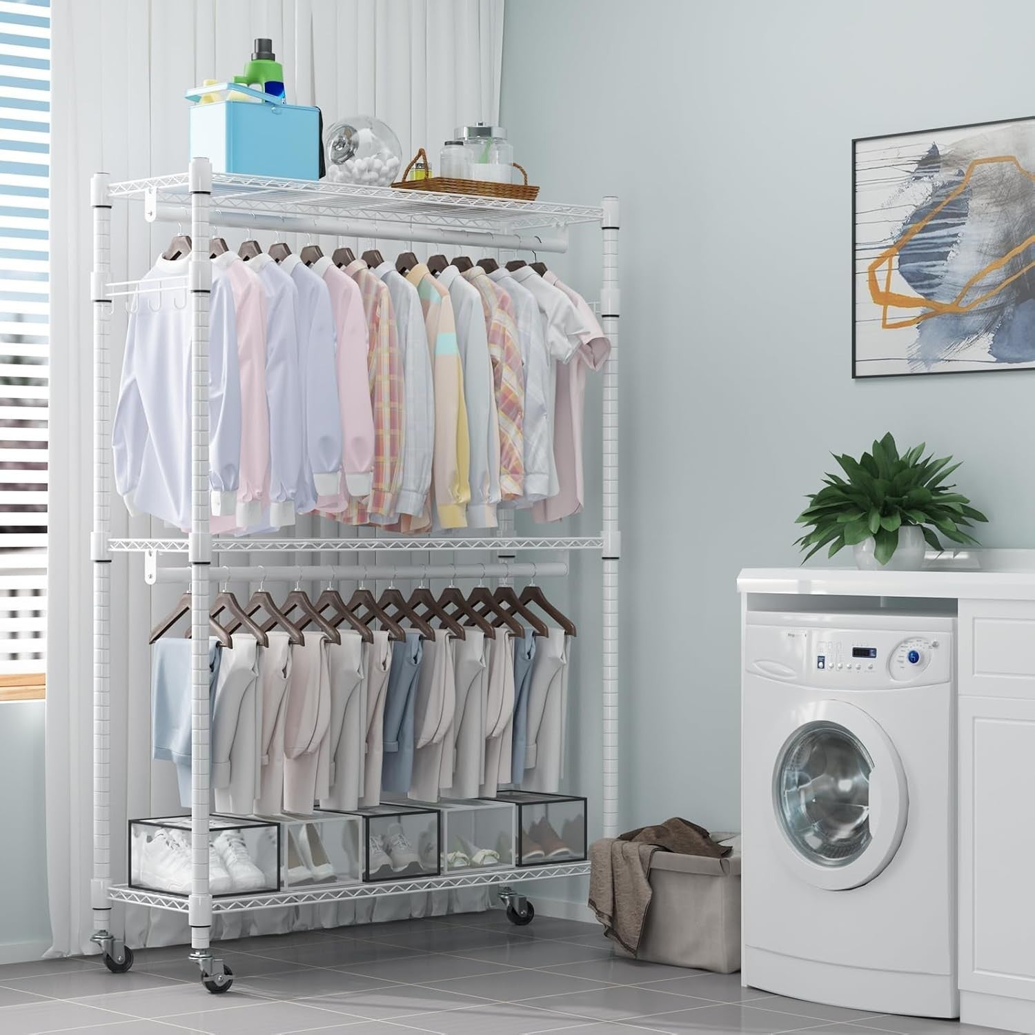 Heavy Duty Double Rod Clothes Rail 3-Tier with Wheels – White 205cm
